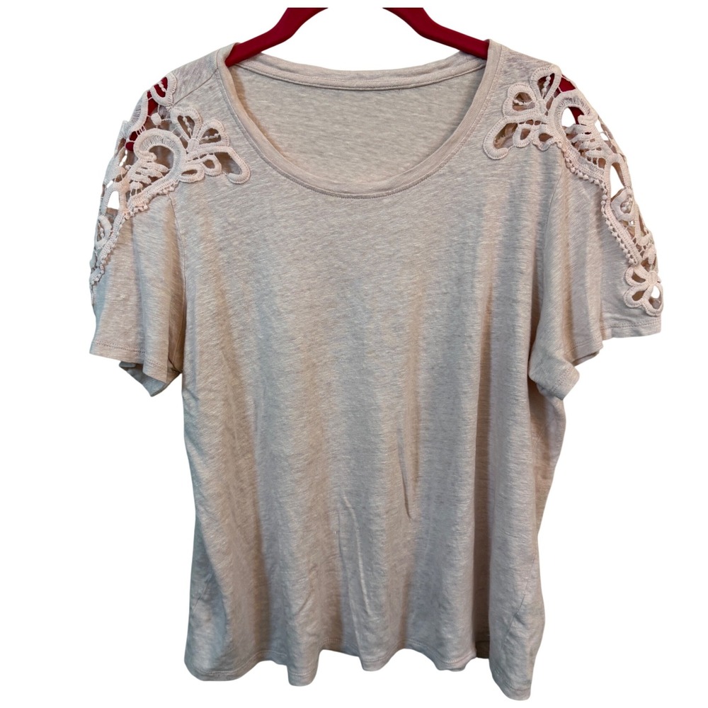 PAIGE French Pink Linen Top Crochet Shoulder M Tee Boho Short Sleeve Womens